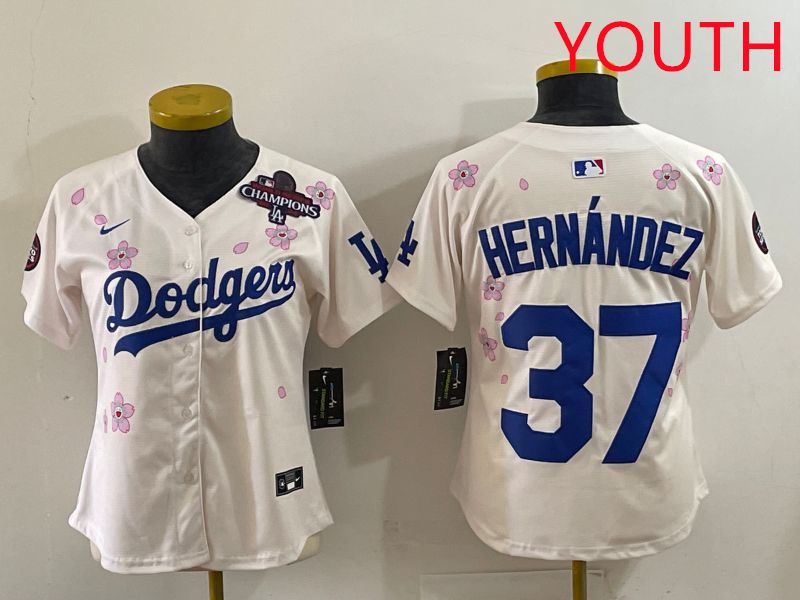 Youth Los Angeles Dodgers #37 Hernandez Cream Sakura Edition 2025 Nike MLB Jersey style 37